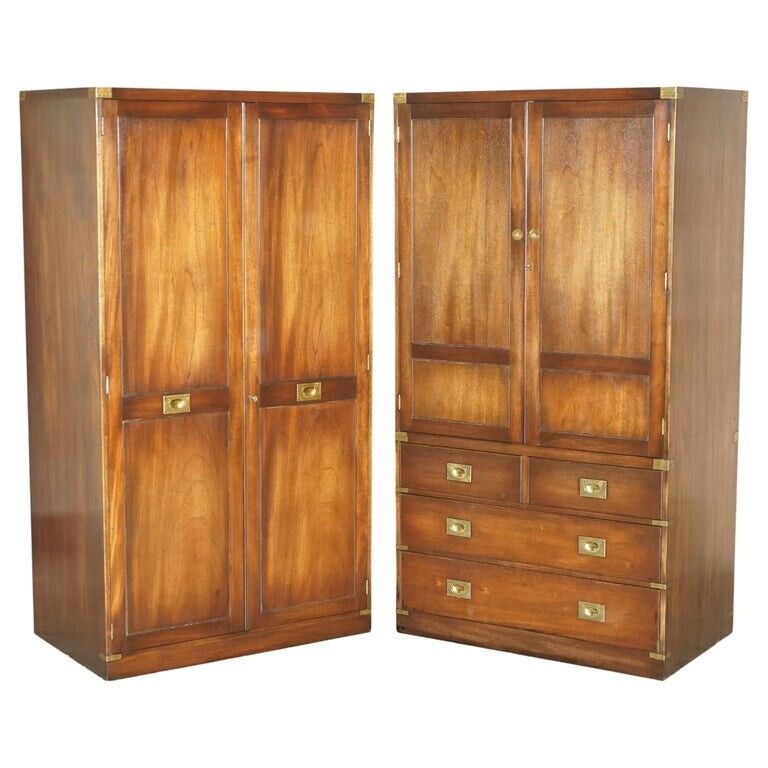 Pair of Vintage Solid Mahogany & Brass Military Campaign Wardrobes with Drawers