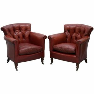 ROD STEWART ESSEX HOME HOWARD & SON'S VICTORIAN BLOOD RED LEATHER ARMCHAIRS