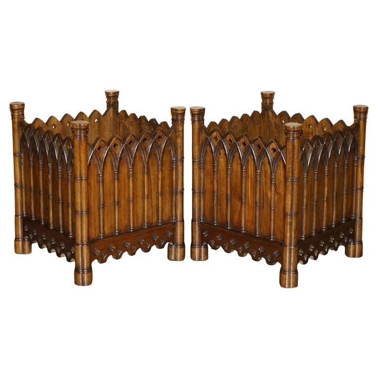 STUNNING-PAIR-OF-GOTHIC-REVIVAL-EXTRA-LARGE-HAND-CARVED-WOODEN-PLANTERS-72X60CM-205788886567