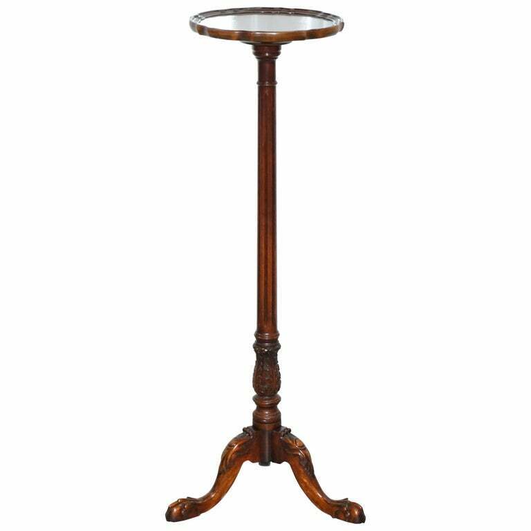 TALL HAND CARVED MAHOGANY JARDINIERE STAND, CLAW & BALL FEET SCALLOPED EDGE TOP