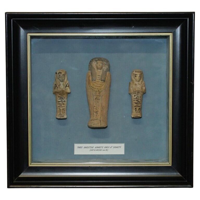THREE EGYPTIAN FRAMED 1500 BC 18TH DYNASTY DIER EL MEDINA SANDSTONE USHABTIS