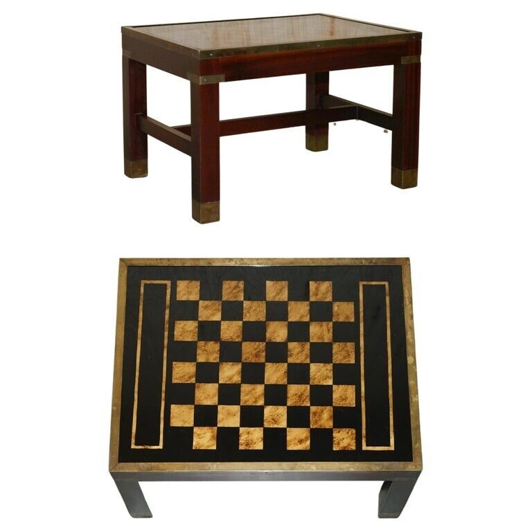 VINTAGE BURR WALNUT & MAHOGANY MILITARY CAMPAIGN CHESSBOARD CHESS COFFEE TABLE