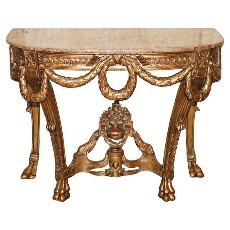 VINTAGE ITALIAN ORNATELY HAND CARVED DEMI LUNE GILTWOOD & MARBLE CONSOLE TABLE