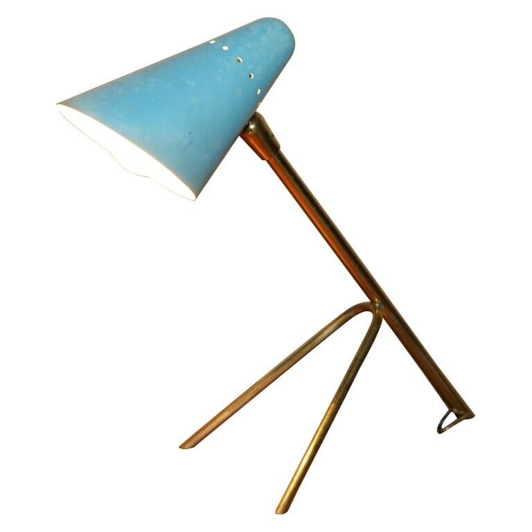 VINTAGE MID CENTURY MODERN BORIS LACROIX TABLE LAMP WITH BLUE ORIGINAL SHADE