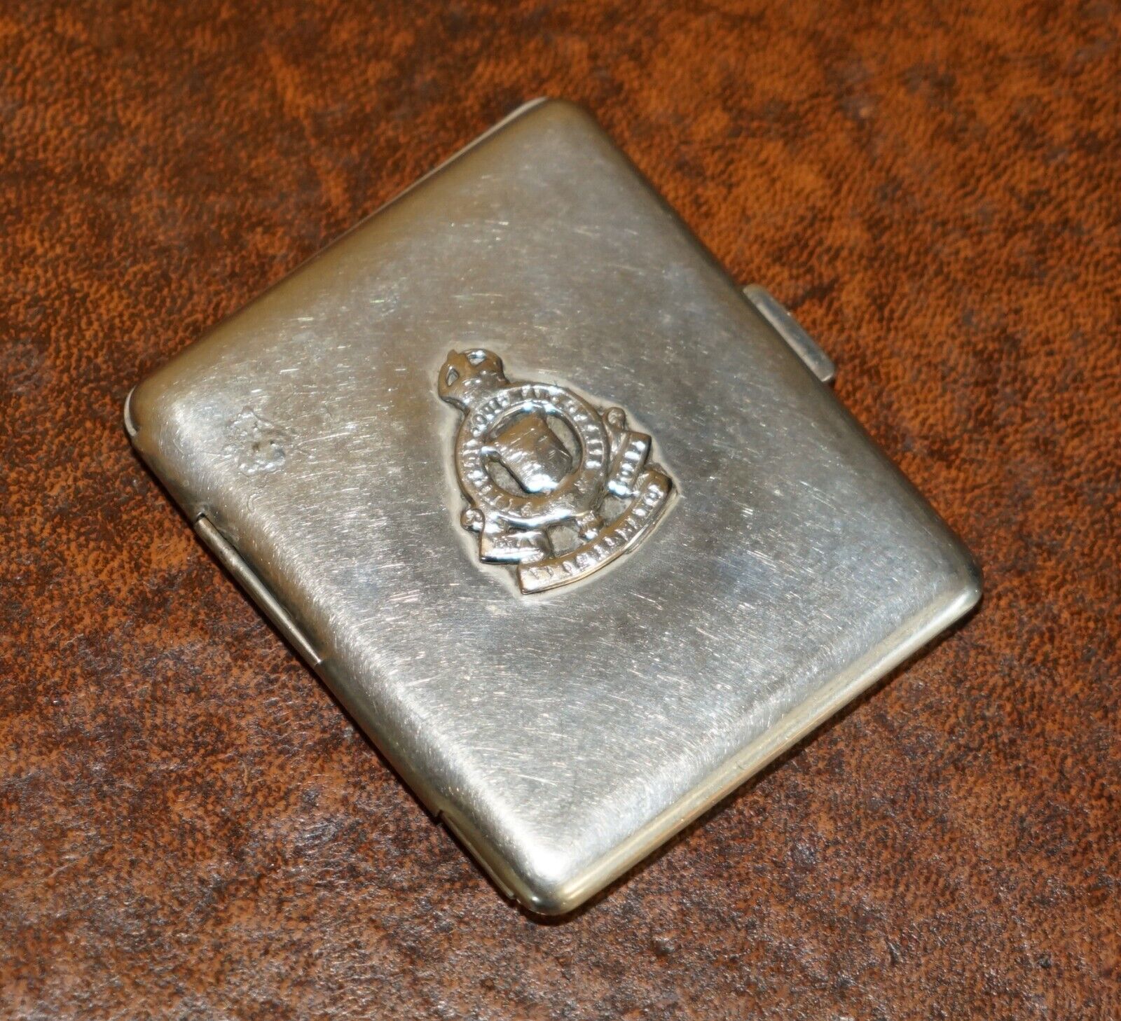 WW2 SILVER PLATED ROYAL CANADIAN ORDNANCE CORPS BADGE ON CIGARETTE CASE