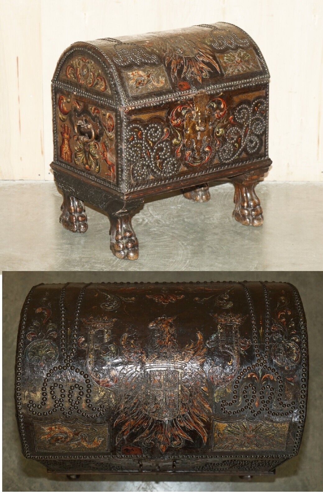 18TH CENTURY POLYCHROME PAINTED LEATHER ARMORAIL CREST TRUNK CARVED WALNUT FEET