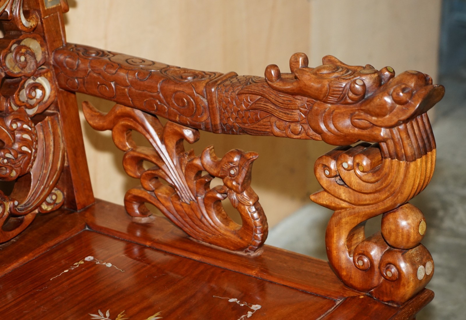 19TH-CENTURY-ROSEWOOD-MARBLE-MOTHER-OF-PEARL-DRAGON-CHINESE-ORIENTAL-BENCH-205810851808-9