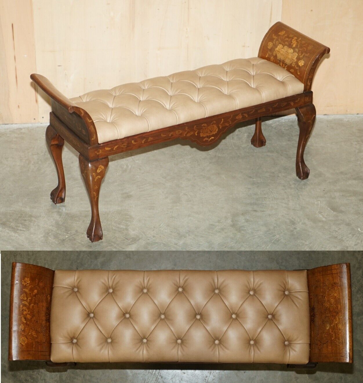 ANTIQUE DUTCH MARQUETRY INLAID CLAW & BALL FEET CHESTERFIELD BROWN LEATHER BENCH