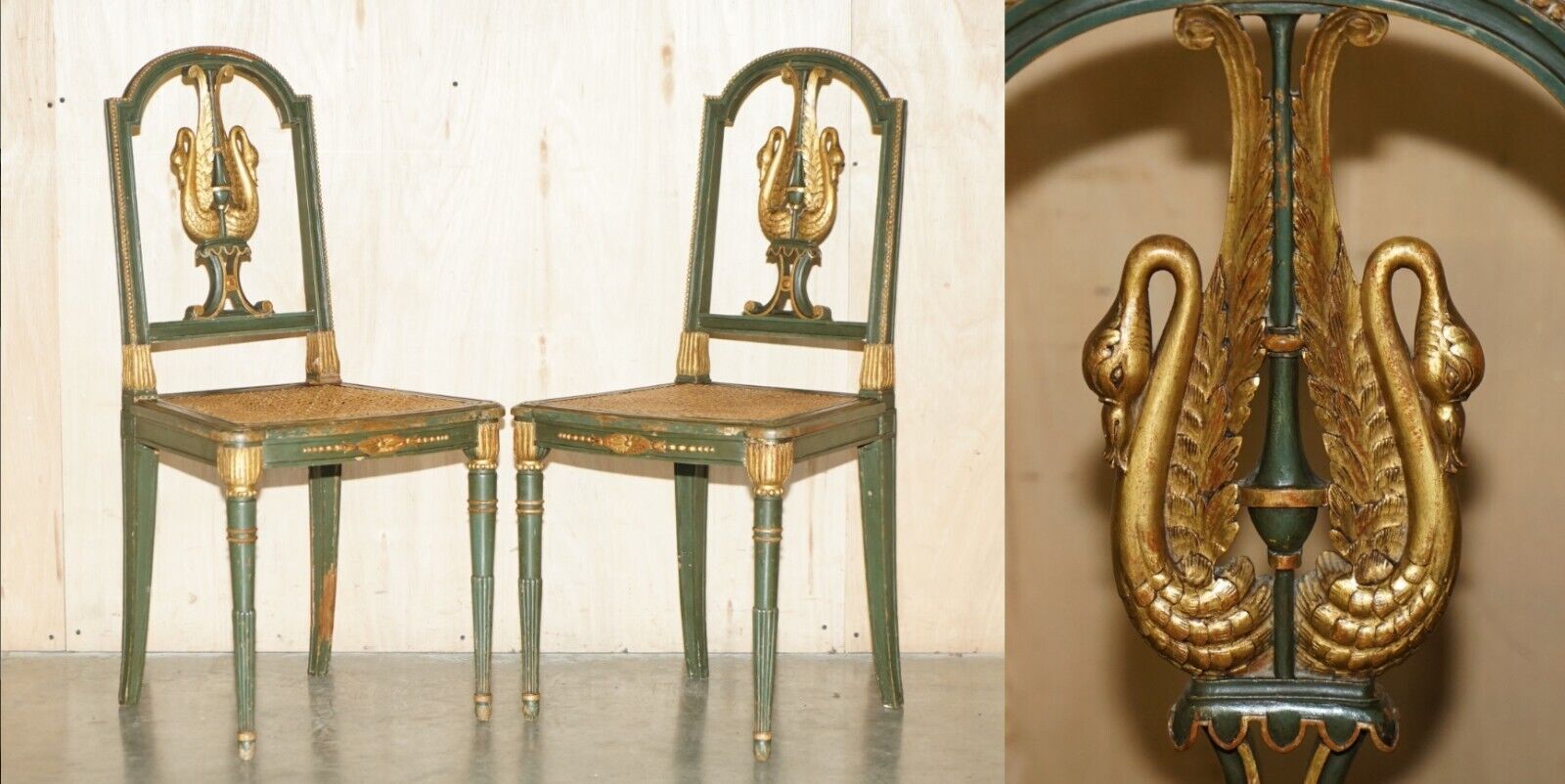 ANTIQUE PAIR OF WILLIAM KENT EMPIRE GREEN & GOLD GILT SWAN CARVED SIDE CHAIRS