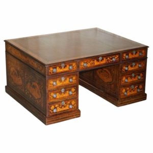 ANTIQUE RESTORED DUTCH MARQUETRY INLAID DOUBLE SIDED TWIN PEDESTAL PARTNERS DESK