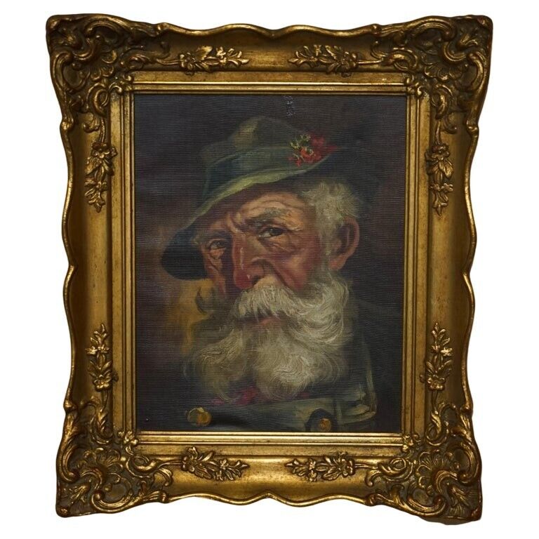 ANTIQUE SIGNED DUTCH OIL ON CANVAS PAINTING OF OLD MAN MAN WITH GREY HAIR & CAP