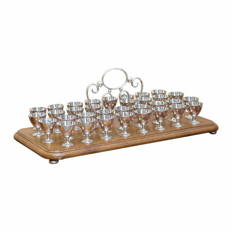 ANTIQUE TRAY WITH 33 EPNS SHOT CUPS / GLASSES ON ORIGINALLY FOR COMMUNIONS