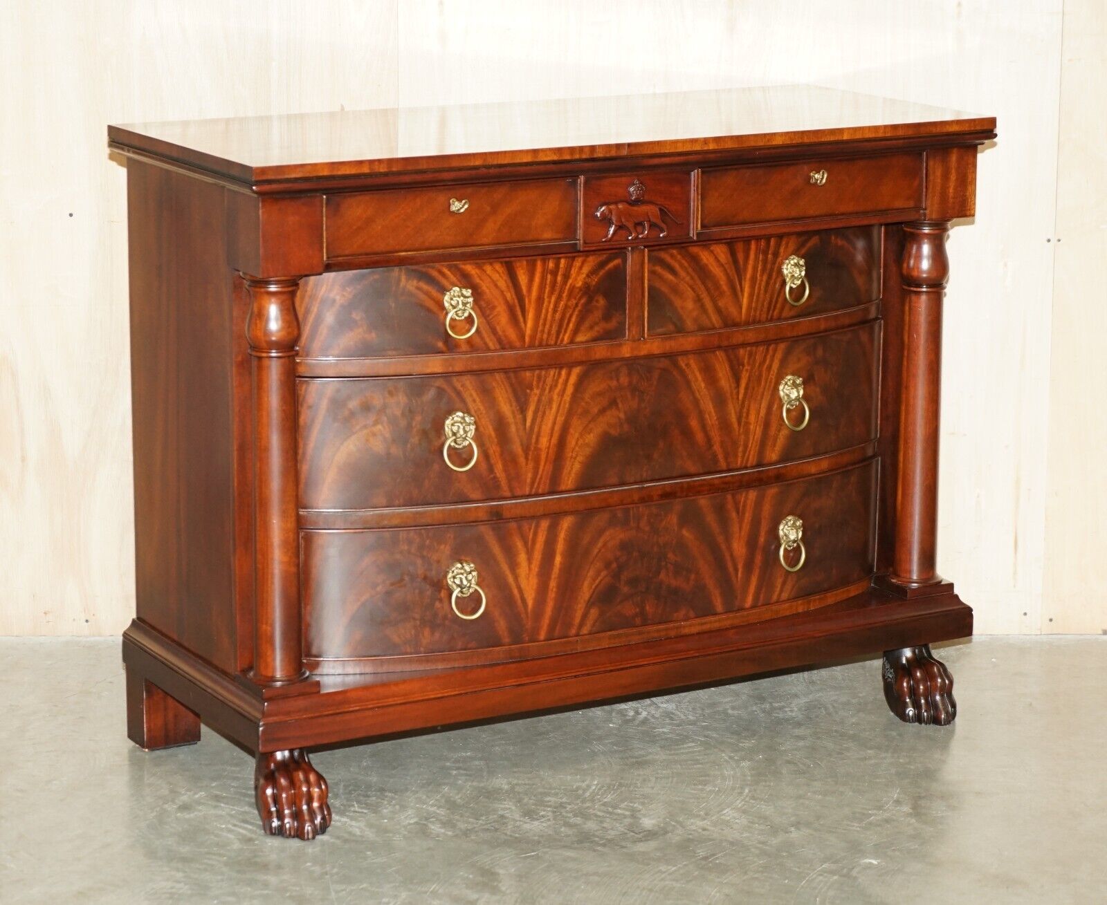 FLAMED MAHOGANY RALPH LAUREN BOW FRONTED EMPIRE LION'S HEAD CHEST OF DRAWERS