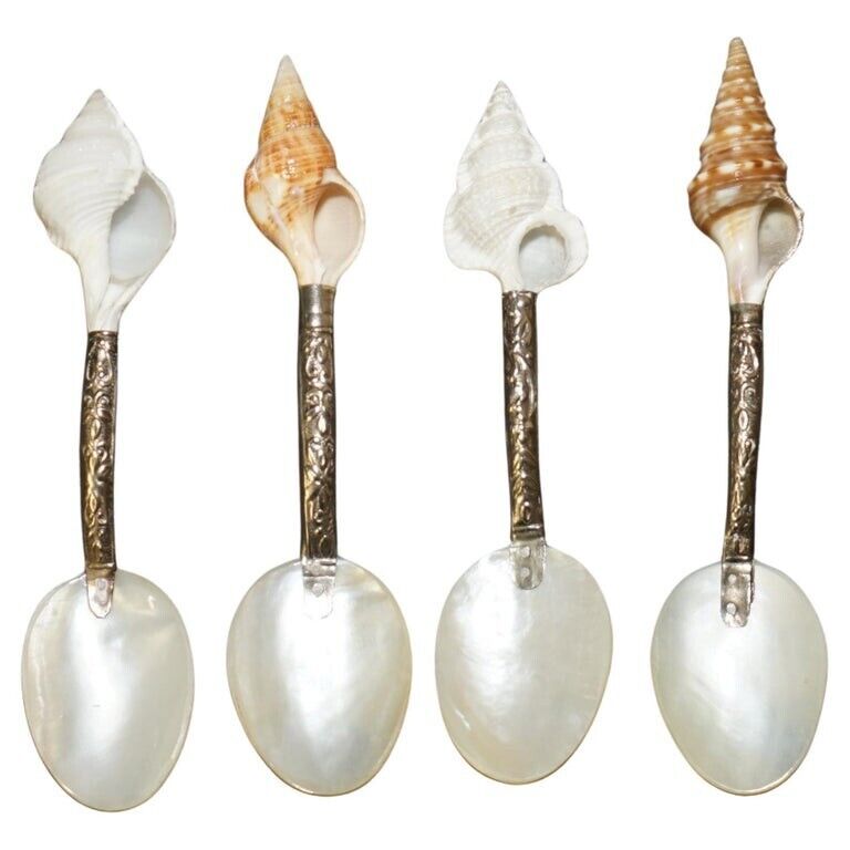 FOUR ANTIQUE VICTORIAN MOTHER OF PEARL & STERLING SILVER TESTED SHELL TEA SPOONS