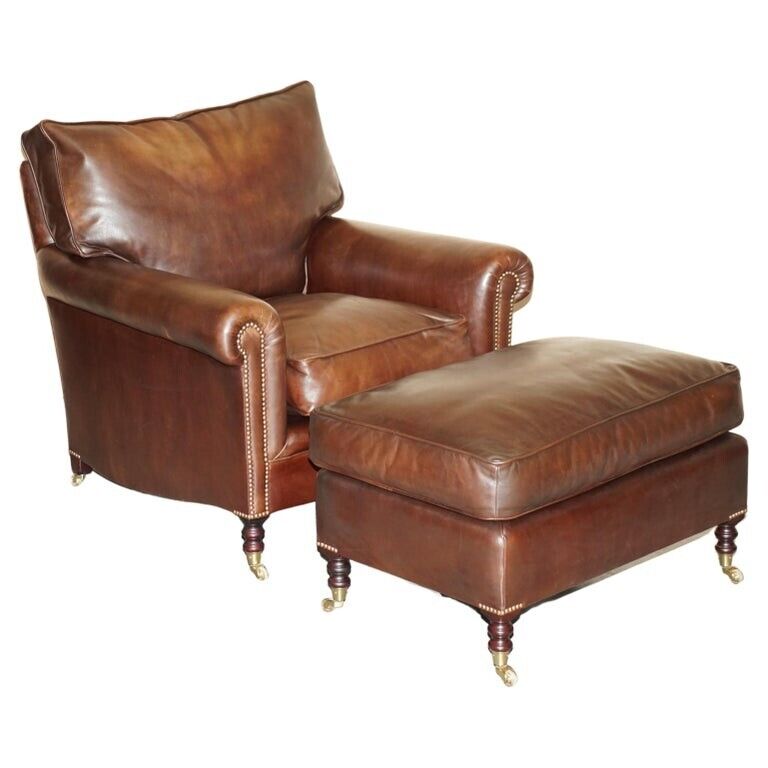 GEORGE SMITH CHELSEA SIGNATURE FULL SCROLL ARM BROWN LEATHER ARMCHAIR & OTTOMAN