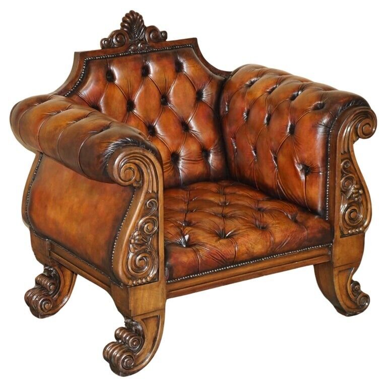 HUGE ORNATELY CARVED ANTIQUE FULLY RESTORED CHESTERFIELD KING / QUEENS ARMCHAIR