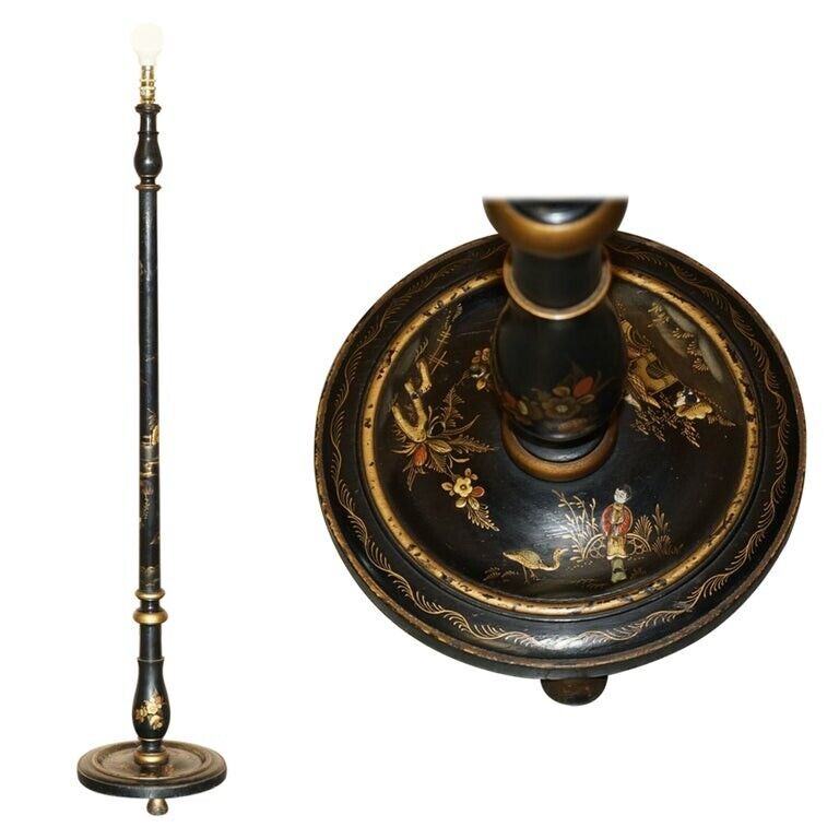 LOVELY CHINESE EXPORT CIRCA 1920 ANTIQUE CHINOISERIE BLACK LACQUER FLOOR LAMP