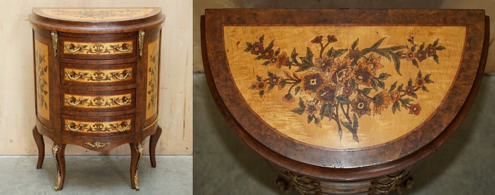 LOVELY FRENCH VINTAGE PAINTED CIRCA 1940'S BURR WALNUT  BRASS DEMI LUNE DRAWERS