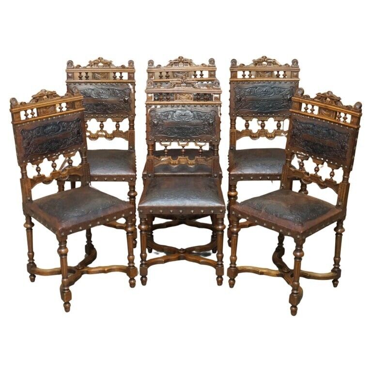 LOVELY SET OF 6 HENRY II CIRCA 1880 FRENCH OAK & EMBOSSED LEATHER DINING CHAIRS