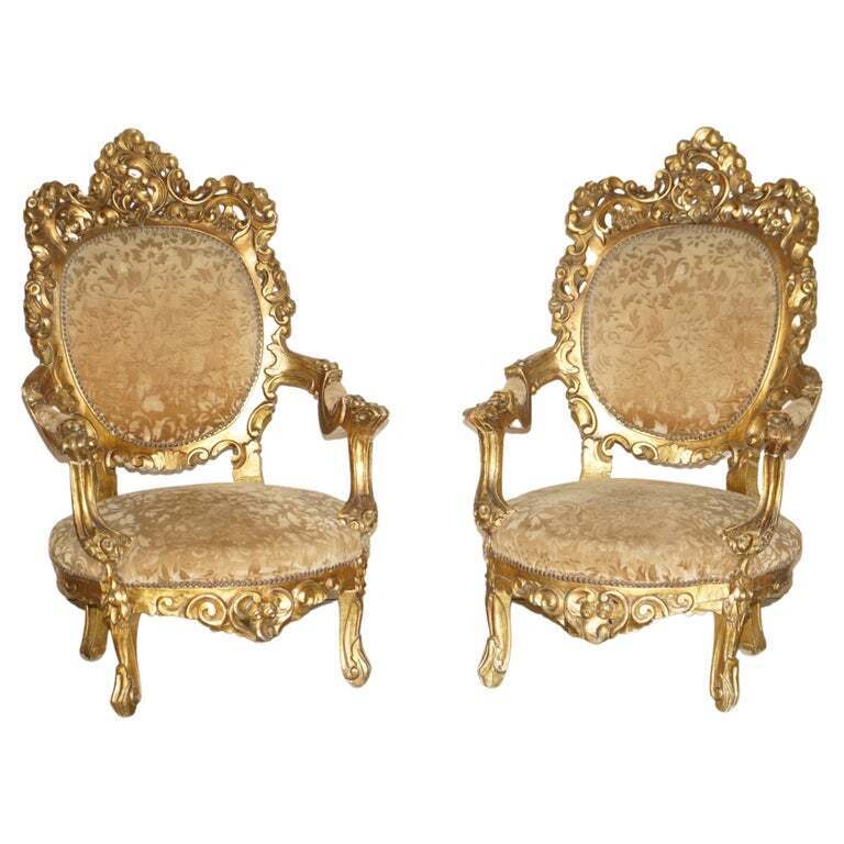 PAIR OF ANTIQUE ORIGINAL GILTWOOD FINISH FRENCH LOUIS XV FAUTEUILS ARMCHAIRS