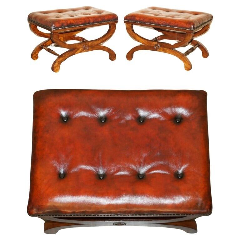 PAIR OF ANTIQUE REGENCY BROWN LEATHER CHESTERFIELD BARON X FRAMED FOOTSTOOLS