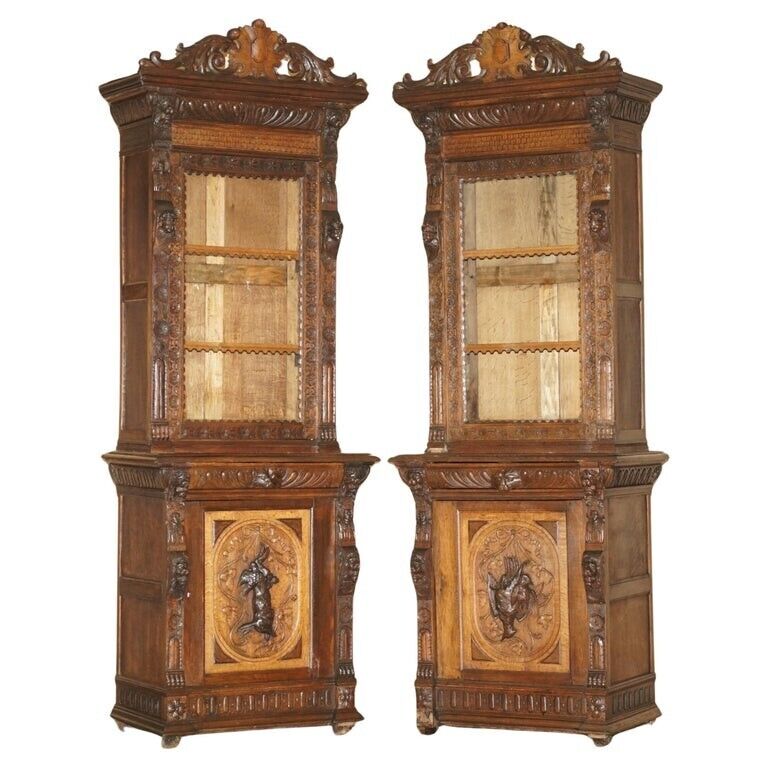 PAIR OF ANTIQUE VICTORIAN 1880 CONTINENTAL JACOBEAN GOTHIC REVIVAL BOOKCASES