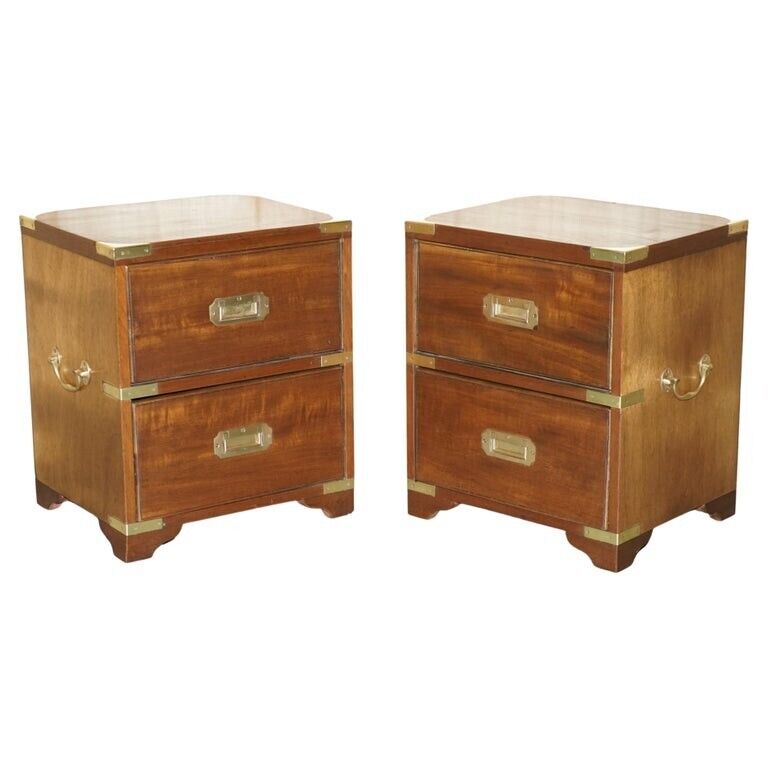 PAIR OF HARRODS LONDON KENNEDY MILITARY CAMPAIGN BEDSIDE SIDE END TABLE DRAWERS