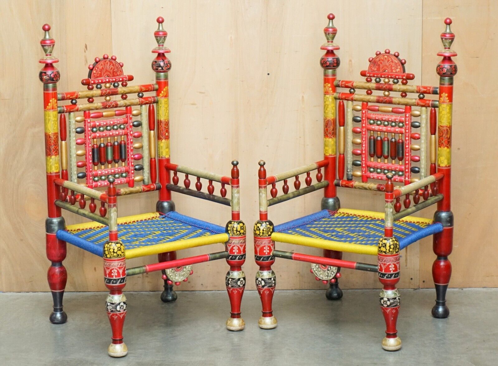 PAIR OF TRADITIONAL PUNJABI TRIBAL WEDDING CHAIRS FROM PAKISTAN IN CEDAR WOOD