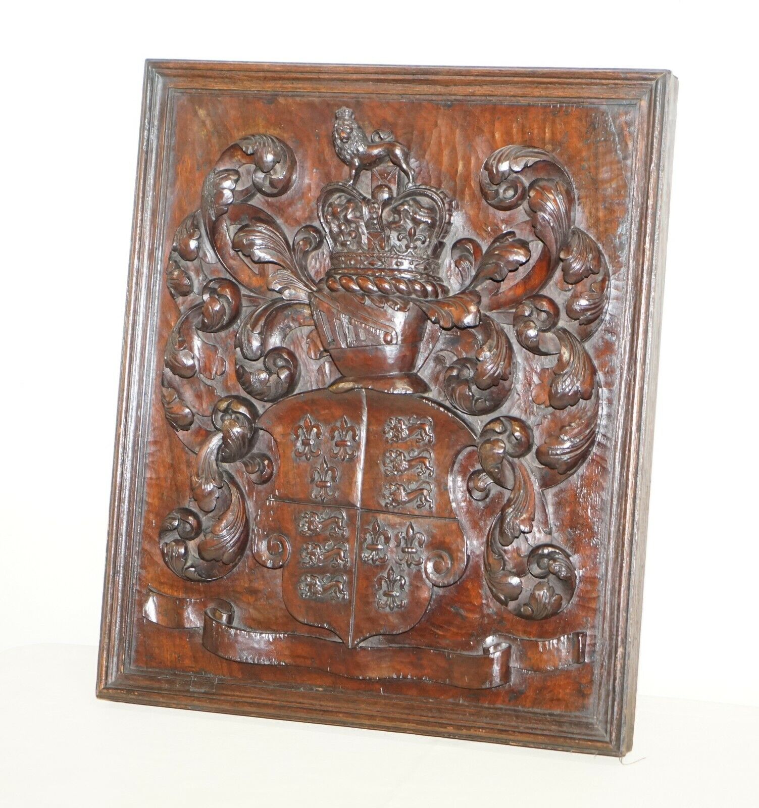 RARE ANTIQUE 1405-1603 ENGLISH ROYAL COAT OF ARMS ARMORIAL CREST CARVED WALNUT