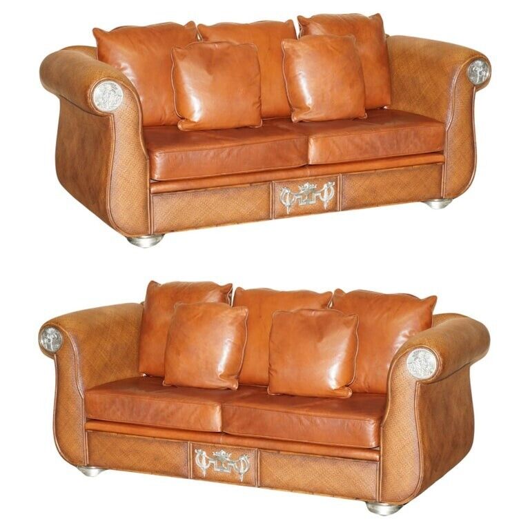 RARE PAIR OF THOMASVILLE SAFARI BROWN LEATHER WOVEN SOFAS PART OF LARGE SUITE