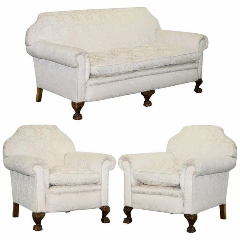 RARE VICTORIAN DAMASK UPHOLSTERY WALNUT CARVED LION PAW FEET SOFA ARMCHAIR SUITE