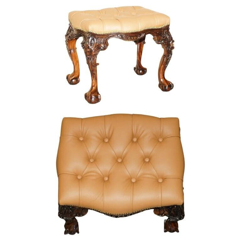 RESTORED BROWN LEATHER CLAW & BALL CHESTERFIELD PIANO OR DRESSING TABLE STOOL