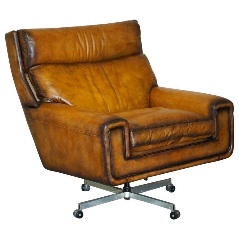 RESTORED VINTAGE 1970'S HAND DYED WHISKY BROWN LEATHER SWIVEL ARMCHAIR PART SET