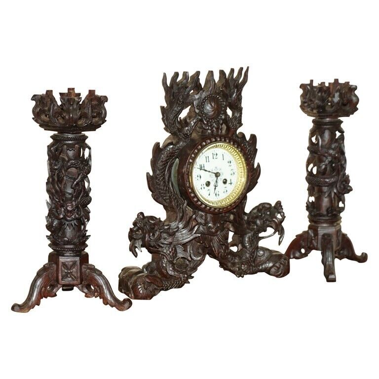STUNNING CHINESE EXPORT HAND CARVED WOOD DRAGON MANTLE CLOCK & CANDLESTICKS