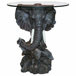 STUNNING REALISTIC HAND PAINTED ELEPHANTS HEAD SIDE END LAMP TABLE ROUND GLASS