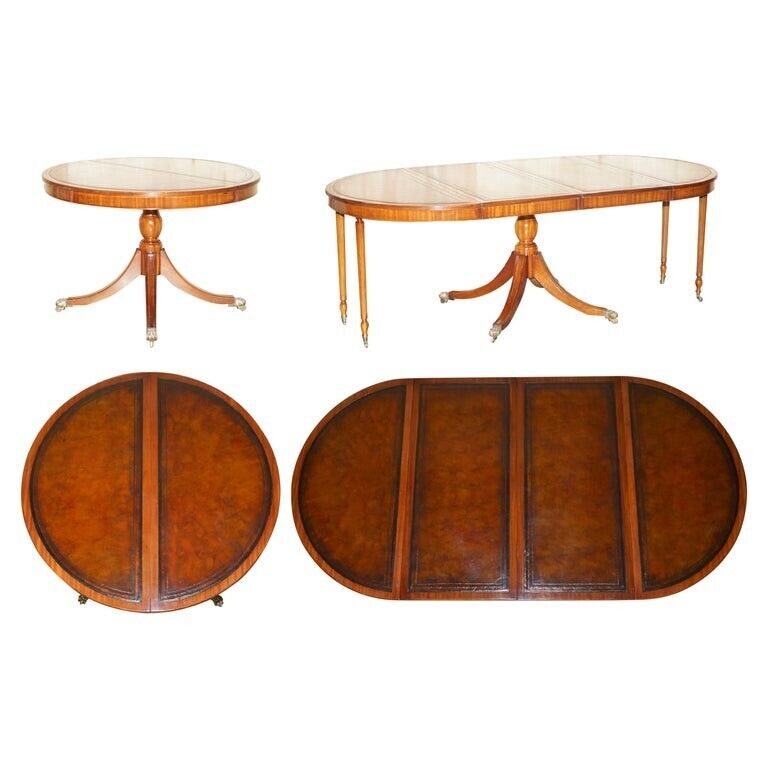 STUNNING ROUND EXTENDING DINING LIBRARY TABLE WITH HAND DYED BROWN LEATHER TOP