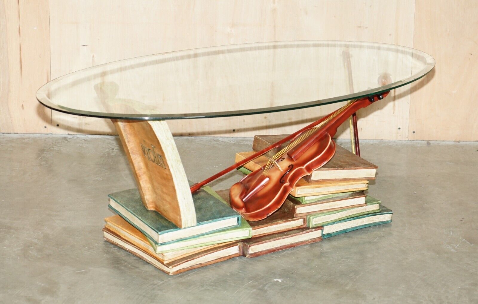 SUPER DECORATIVE MOZART STACKED BOOKS & VIOLIN COFFEE TABLE WITH GLASS OVAL TOP