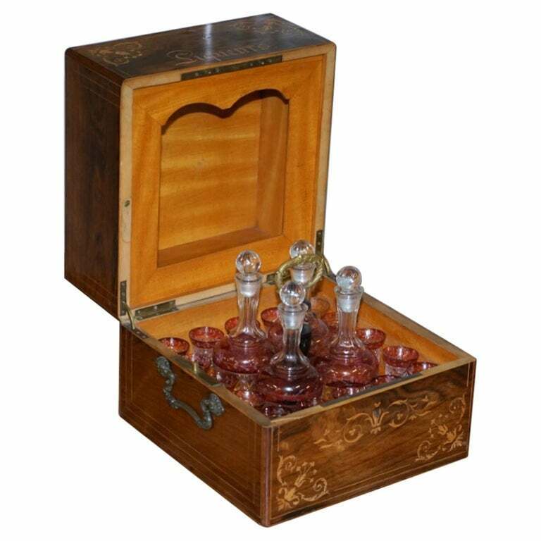 VERY RARE VICTORIAN ROSEWOOD LIQUEUR BOX WITH CRANBERRY GLASS DECANTERS GLASSES