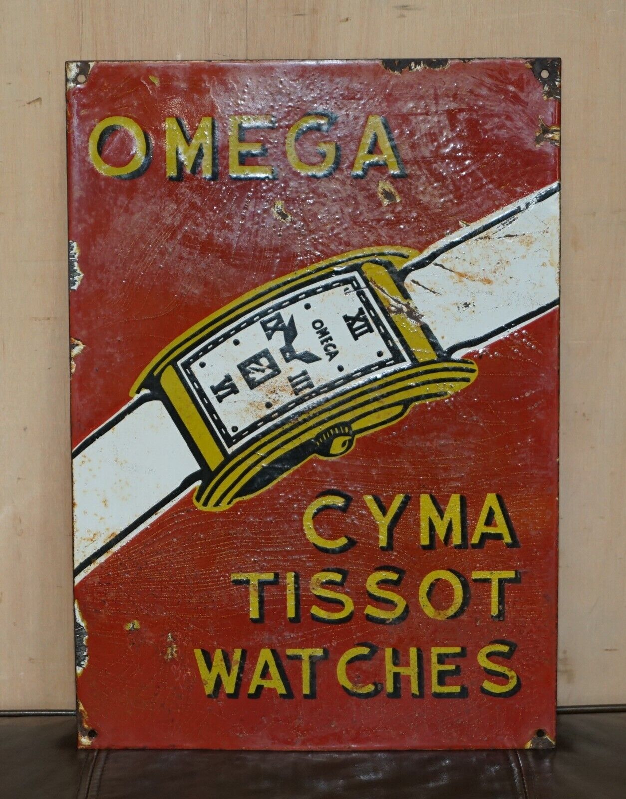 VINTAGE CIRCA 1940'S OMEGA CYMA TISSOT WATCHES PORCELAIN ENAMEL ADVERTISING SIGN