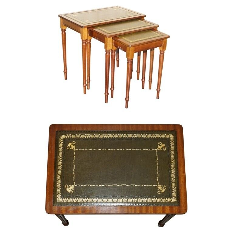 VINTAGE NEST OF THREE HARDWOOD WITH GOLD LEAF EMBOSSED GREEN LEATHER TOPS TABLES
