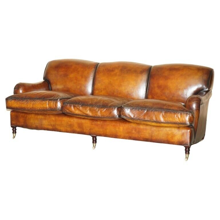 1 OF 2 LARGE GEORGE SMITH HOWARD & SON'S BROWN LEATHER SIGNATURE SCROLL ARM SOFA