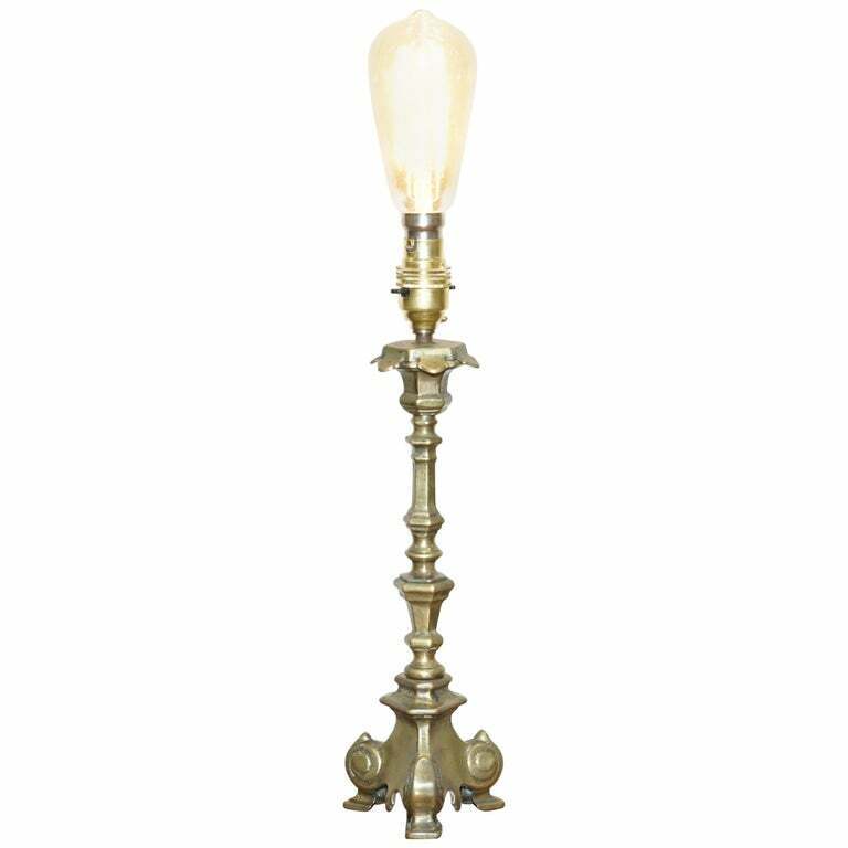 19TH CENTURY BRONZED ITALIAN CANDLE TABLE LAMP CONVERSION WITH ORNATE FRAME