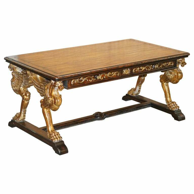 AFTER RJ HORNER GOLD GILTWOOD GRIFFON MAHOGANY DOUBLE SIDED DESK WRITING TABLE