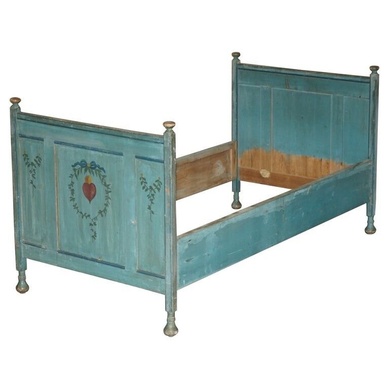 ANTIQUE FRENCH DUCK EGG BLUE HAND PAINTED ORNATELY DECORATED BED FRAME IN OAK