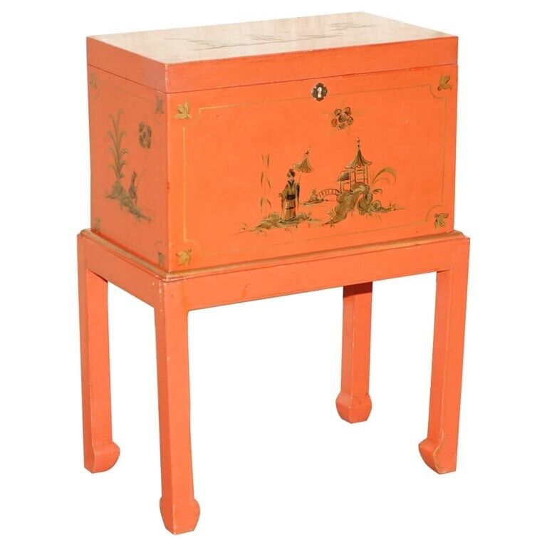 ANTIQUE JAPANNED ORIENTAL SIDE TABLE CHEST ON STAND HAND PAINTED AND LACQUERED