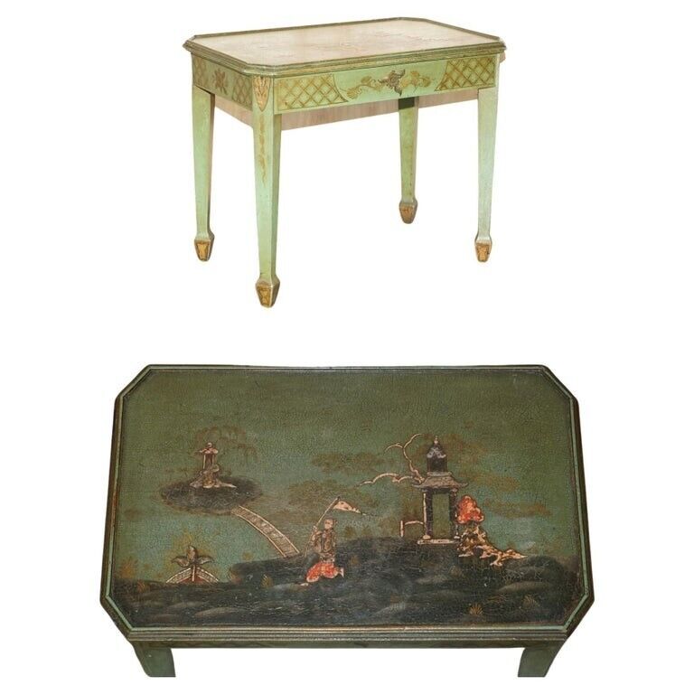 ANTIQUE VICTORIAN CHINESE CHINOISERIE HAND PAINTED GREEN SIDE END WINE TABLE