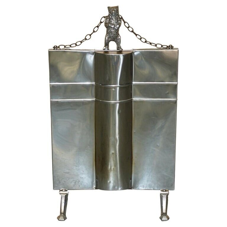 ART DECO ANTIQUE CIRCA 1920'S POLISHED CHROME FIRE GUARD SCREEN WITH BEAR ON TOP
