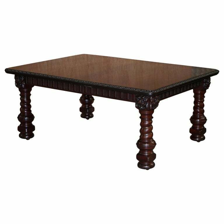 CIRCA 1880 SOLID MAHOGANY EXTENDING DINING TABLE LIONS HEAD CARVED 176CM -305CM
