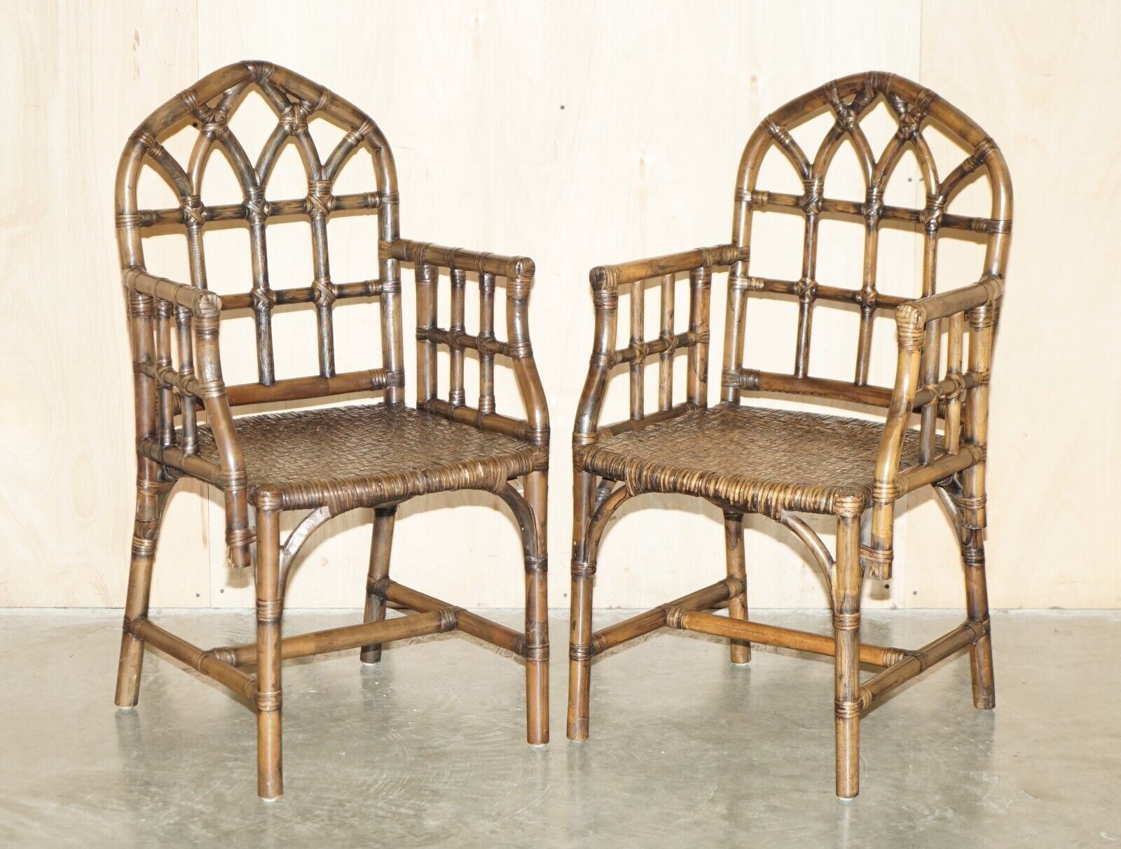 EXQUISITE PAIR OF MID CENTURY MCGUIRE RATTAN GOTHIC CATHEDRAL BACK ARMCHAIRS