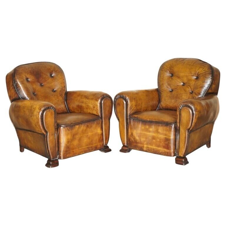 FINE ANTIQUE PAIR OF ART DECO FULLY RESTORED CIGAR BROWN LEATHER CLUB ARMCHAIRS